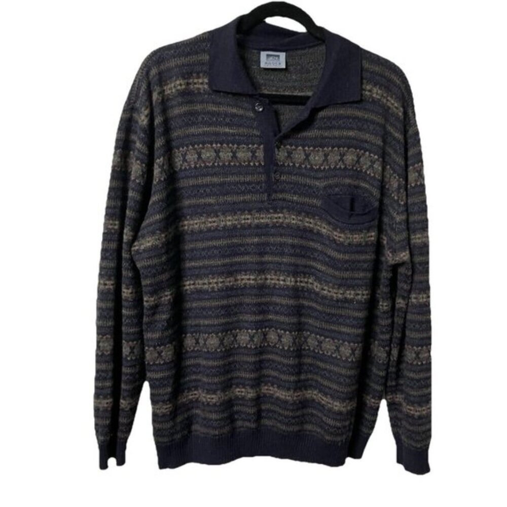 Vintage Rodes Classic Sweater Mens XL Wool Blend Stripe Button Collar Grandpa